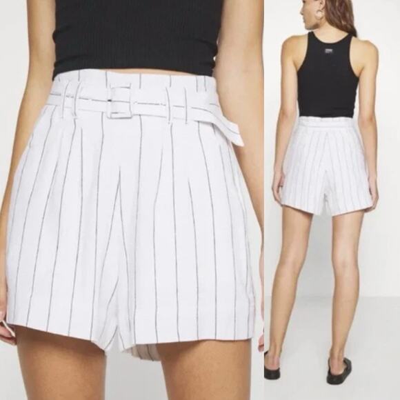 Abercrombie & Fitch New High Rise Shorts Pin Stripe Linen Blend Belted Sz L - Picture 1 of 6
